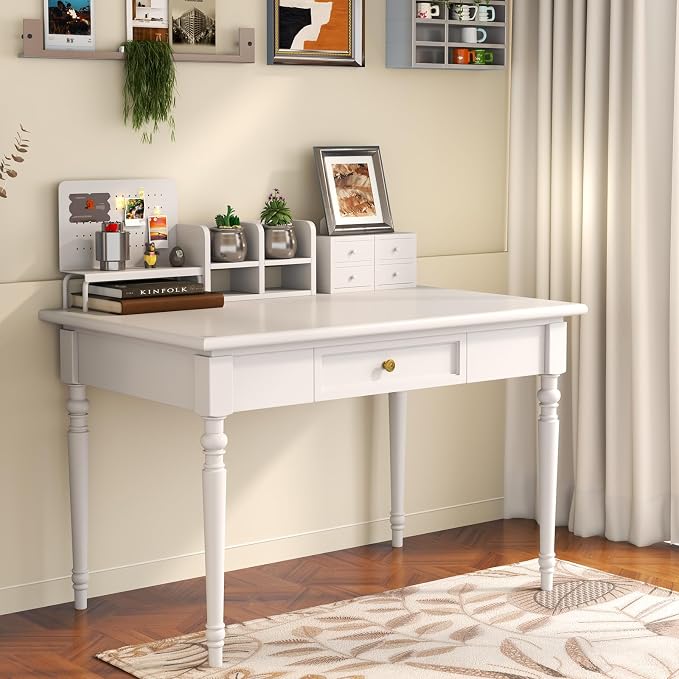 Solid Wood French Country Desk,Writing Desk with Storage Drawers,Farmhouse Computer Table Makeup Table Modern Simple Style,for Home Office Living Room Study Workspace Bedroom (White, 31.5IN)