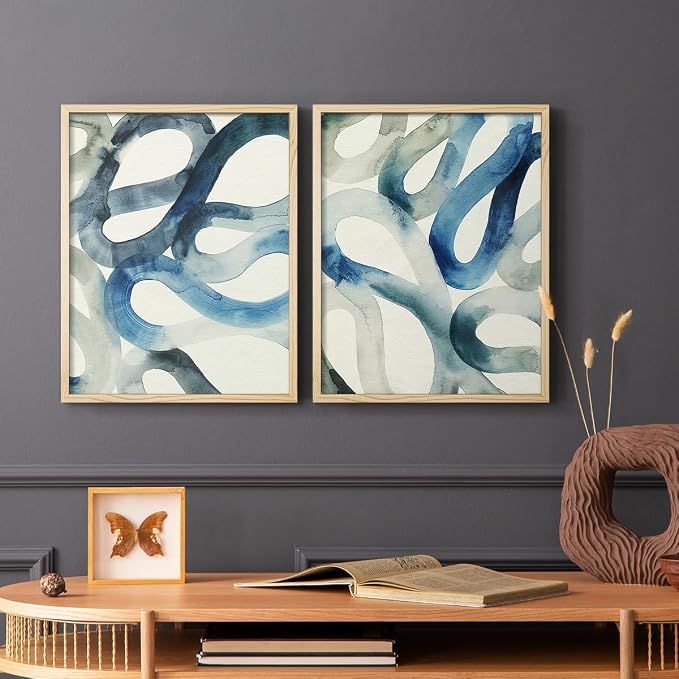 Renditions Gallery Set of 2 Peel & Stick Framed Prints, Watercolor Abstract Wall Art, Aquatic Water and Sand Strokes Wall Decor, Re-Stickable - Ready to Hang - 16"x20" - NATURAL WOOD Frame LT588