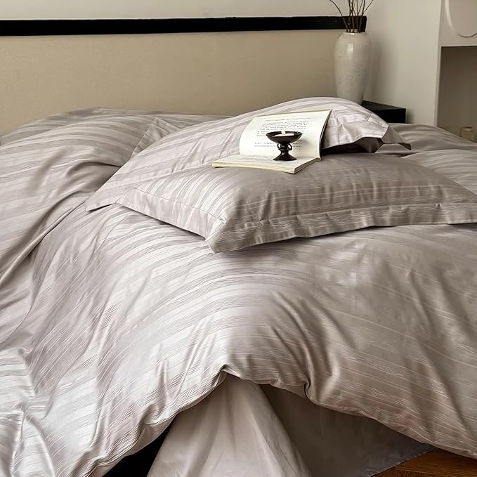 100% Cotton Duvet Cover Queen Size, Soft Grey Striped Duvet Cover Set for All Season, Luxury Hotel-Style - 1 Duvet Cover 90x90 Inches with Zipper Closure, 2 Pillowcases