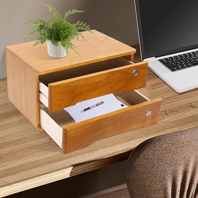 Desktop File Organizer with Lock, 2/3/4 Tier Multi-Drawer Wooden Storage Cabinet, Office Supply Organizer for Home Desk, Study & Workplace (Brown, 2 Layers)
