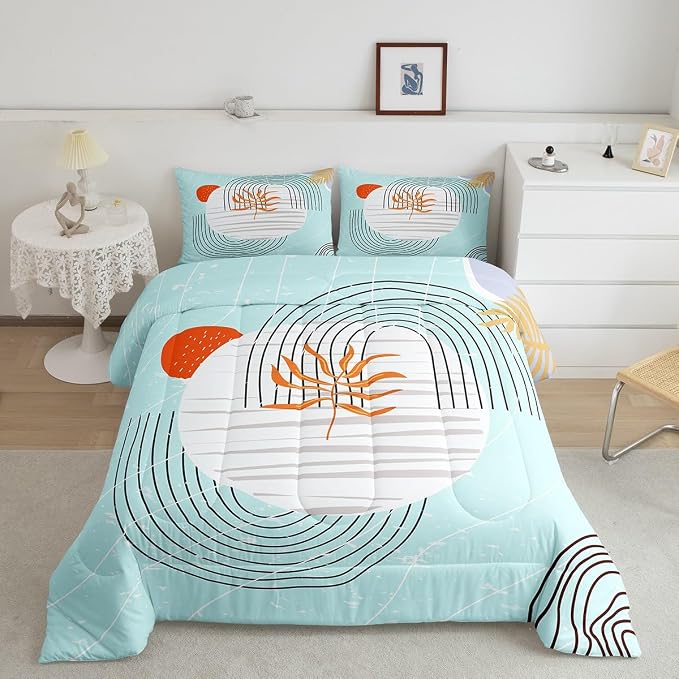 Erosebridal Modern Blue Comforter King Mid Century Bedding Set, Abstract Artwork Down Comforter Black Geometric Lines Bed Set, White Aesthetic Circle Quilted Duvet All-Season 3pcs