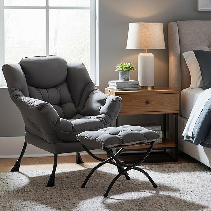 Tiita Lazy Chair, Gray Modern Large Accent Armchair, Comfy Leisure Sofa Reading Chair for Bedroom, Living Room, Dorm Rooms, Garden and Courtyard, Dark Grey