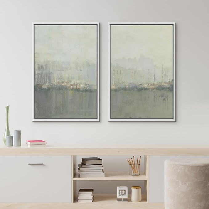 IDEA4WALL Framed Canvas Print Wall Art Set Abstract Skyline Cityscape Art in Muted Gray and Soft Blue Tones Illustrations Modern Art Decorative Coastal Cottage Seascape for Bedroom - 24"x36"x2 White
