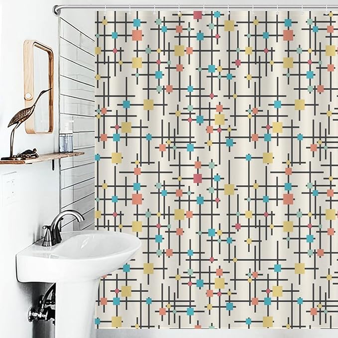 Mid Century Shower Curtain,Retro Atomic Geometric Abstract Iconic Pattern Bathroom Curtain Polyester Waterproof Fabric Decor 66x72in（168x183cm）