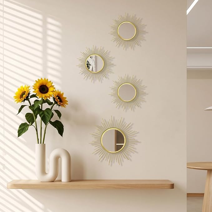 4 Set Metal Sunburst Mirrors for Wall Decor Living Room Bedroom Bathroom Dining Room Boho Gold Decorative Hanging Circle Vintage Art - Gold/Black/Silver 11.8 in/7.8 in