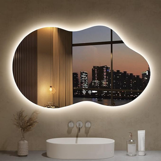 LOVESPEJO Irregular Backlit Mirror Bathroom 40x24 Inch, Asymmetrical Cloud LED Bathroom Mirror with Lights, Fogless, Dimmable, 3 Color Changing, Shatterproof