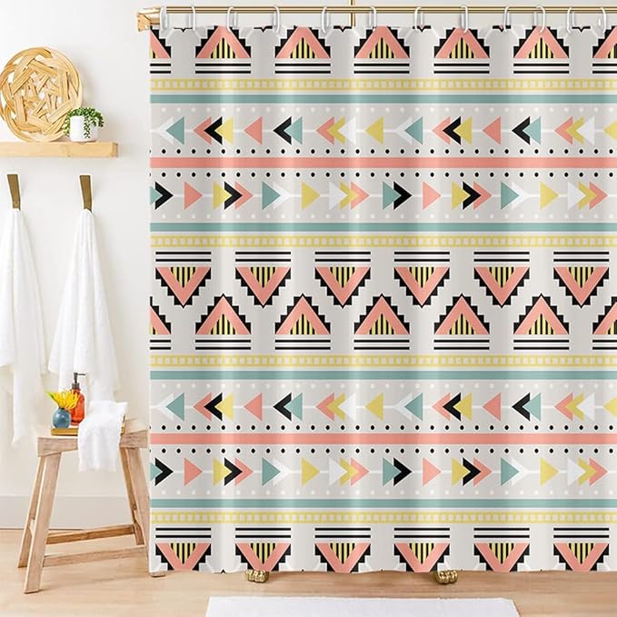 Mid Century Shower Curtain Boho Abstract Colorful Geometric Triangle Gear Lines Pattern for Modern Bathroom Decor Accessories Shower Curtain Set with 12 Hooks, 72x84 Inches