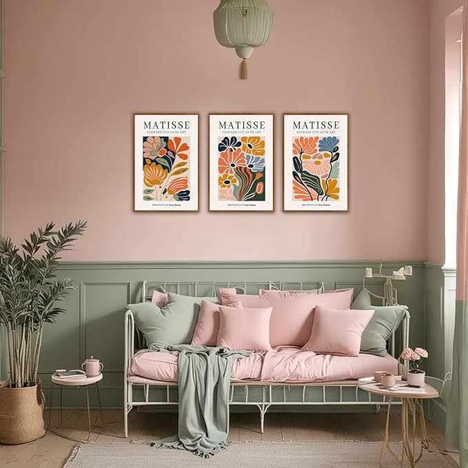 HLNIUC Framed Boho Neutral Canvas Wall Art,Boho Flower Wall Decor Set of 3(16”x24’) Bohemian Modern Aesthetic Pictures Wall Painting,Colorful Abstract Floral Market Art Print for Living Room,Office