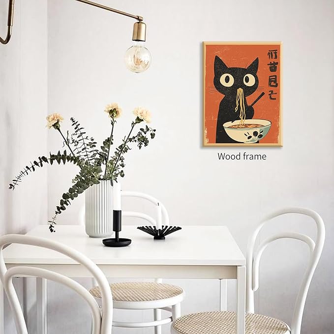Funny Black Cat Eat Ramen Noodles Poster Vintage Japanese Kitchen Food Wall Art 08x10 inch Framed Whimsical Cute Animal Canvas Prints for Restaurant Wall Decor