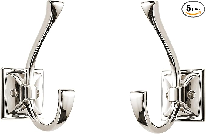 Large Wall Hooks 5 Pack - Polished Nickel Coat Hardware for Hanging Coats - 4.35 Inch Double Robe Hook Wall Mounted With Screws for Key, Towel, Bags, Cup, Hat