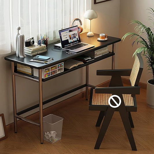 Mid-Century Modern Solid Wood Writing Desk Compact Home Office Workstation with Storage Shelf & Stainless Steel Legs Ideal Computer Desk for Small Spaces 80x45x75cm (Black)