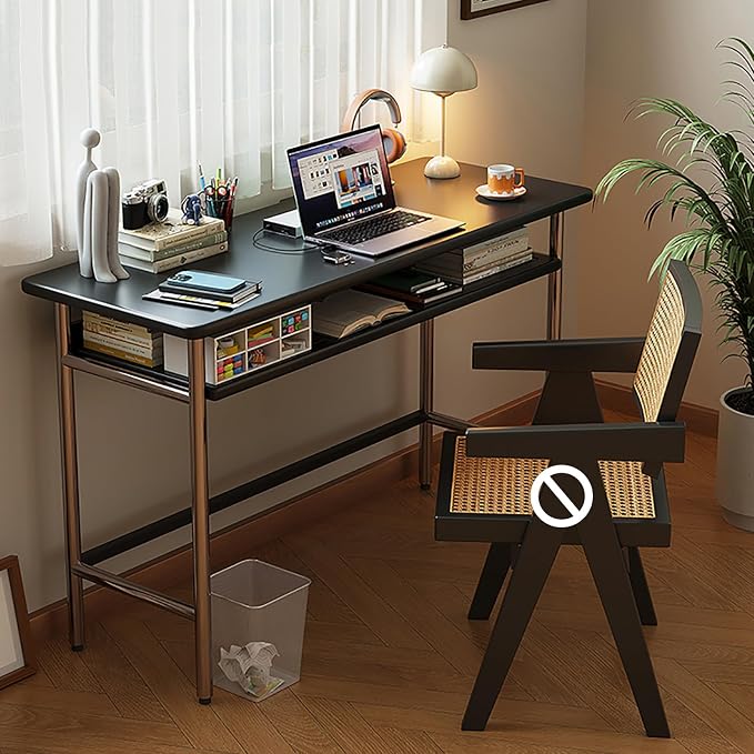 Mid-Century Modern Solid Wood Writing Desk Compact Home Office Workstation with Storage Shelf & Stainless Steel Legs Stylish Computer Desk for Small Spaces Black (60x45x75cm)