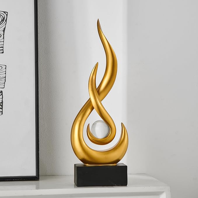 Octdays Gold Abstract Statue Sculpture Decorations, Modern Sculptures Home Décor Accents, Resin Art Flame Figurines for Living Room Table Centerpiece Office Desk TV Stand Decor