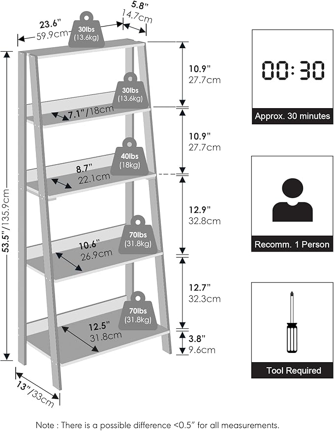 Furinno Ladder Display Shelf, 5-Tier Ladder Shelf, Ladder Bookshelf, Display Storage Shelves, 13 x 23.6 x 53.5, for Living Room, Home Office, Espresso