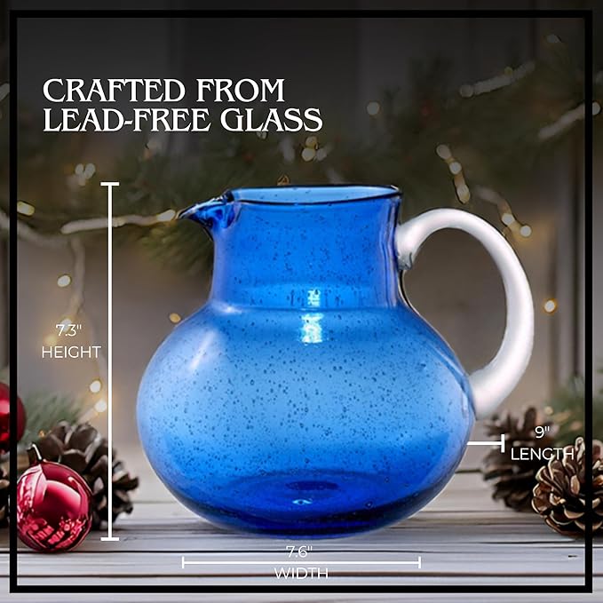 ARTLAND Iris 90oz Glass Pitcher & 17oz Highball Cup (Set of 4) - Handcrafted Drinkware, Unique Bubble Design Lead-Free Glass for Serving Beverages, Home Dining, Entertaining Essentials (Cobalt Blue)