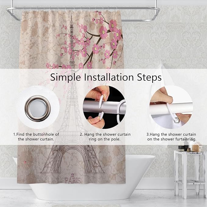 Paris Eiffel Tower Shower Curtain Pink Cherry Blossom Vintage Romantic France Scenery Shower Curtains Bathroom Accessories Waterproof Polyester Fabric with Hooks, 48 x 72 Inch