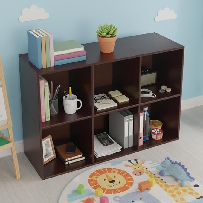 6-Cube Pine Wood Storage Organizer, Solid Wooden Bookshelf with Back Panel, 11in Shelf Opening Bookcase, Freestanding for Living Room, Bedroom, Office - Dark Brown (35.4 x 11.8 x 23.6in)