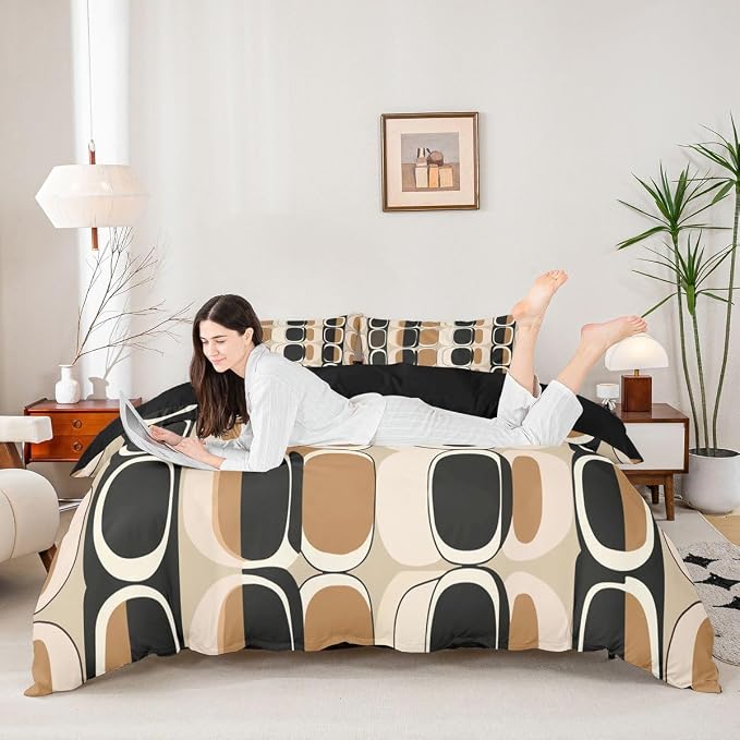Erosebridal Brown Black Geometric Toddler Comforter Cover Mid Century Bedding Set Modern Abstract Duvet Cover for Kids Teen Adults,Boho Circle Round Design Bed Set