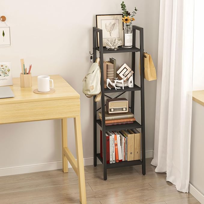 YMYNY 4 Tiers Ladder Bookcase, Industrial Narrow Bookshelf, Open Display Rack with 4 S Hooks, Metal Storage Shelves for Bedroom, Home Office, Living Room, Black, 49.2H*13.4L*11.8W, UHBC024B