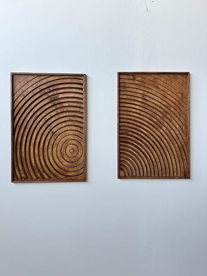 Geometric Wooden Wall Art, Set of 2 Carved Pieces, Home Decor