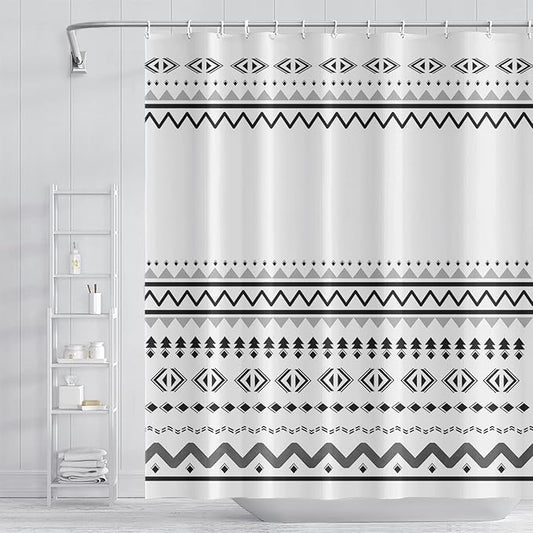 Abstract Pattern Bathroom Shower Curtain White Black Stripes Wave Waterproof Polyester Shower Curtains with Hooks Geometric Shower Curtain for Modern Home Decorative, 69x70 Inch