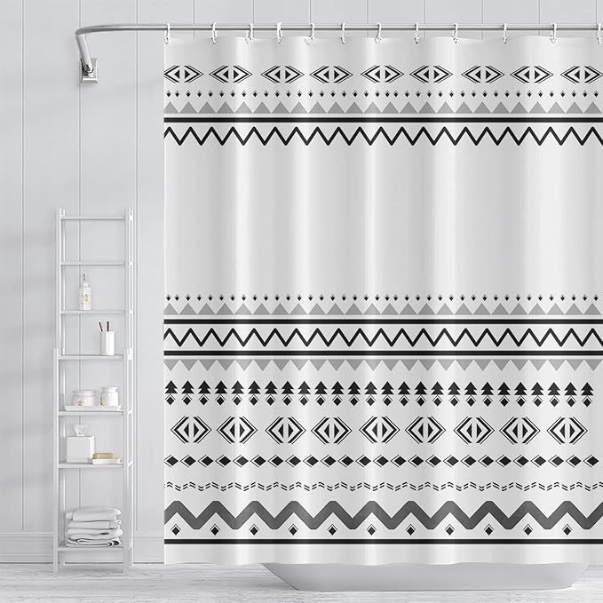 Abstract Pattern Bathroom Shower Curtain White Black Stripes Wave Waterproof Polyester Shower Curtains with Hooks Geometric Shower Curtain for Modern Home Decorative, 72x84 Inch