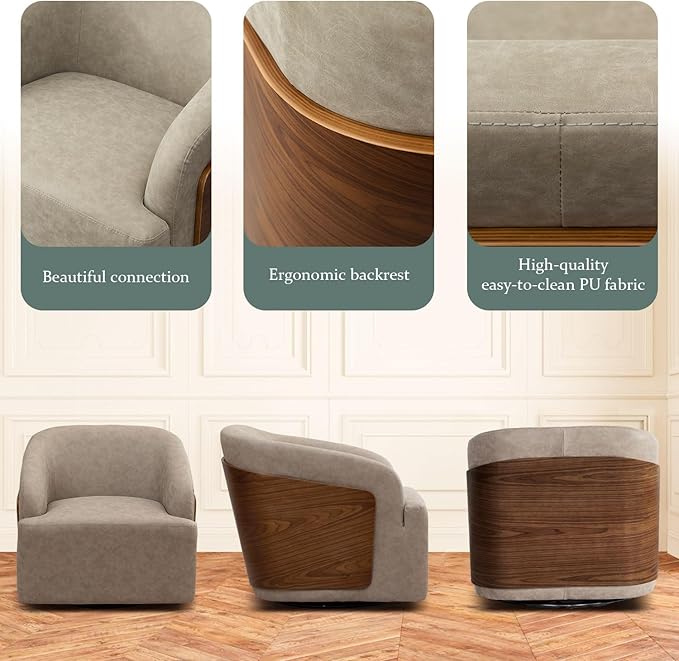 Swivel Accent Chair Faux Leather Boucle Swivel Barrel Chair Comfortable Mid Century Modern Chair Upholstered Metal Base Armchair for Living Room Bedroom Office Large Vintage Gray