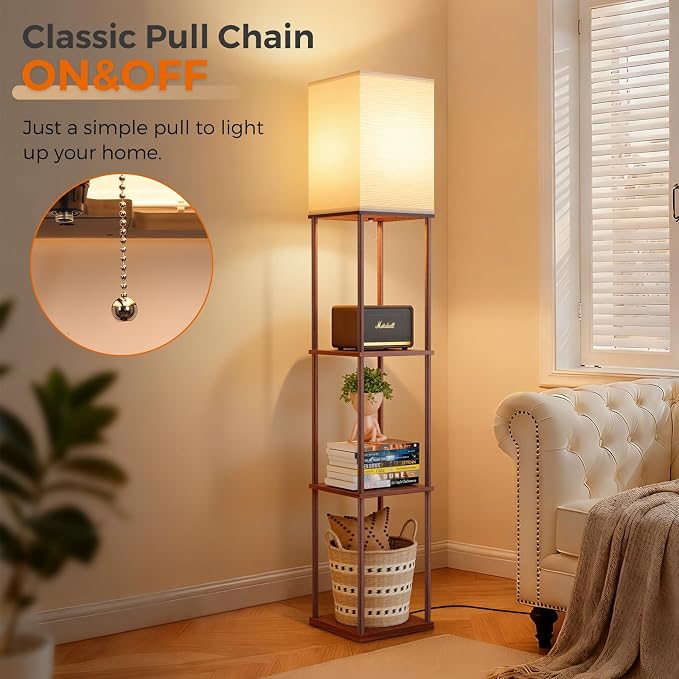 FOLKSMATE Floor Lamp with Shelves, 3-Tier Modern Square Bookshelf Floor Lamp, 3 Color Temperature Bulb Included, Floor Lamps for Living Room Bedroom Corner - Brown