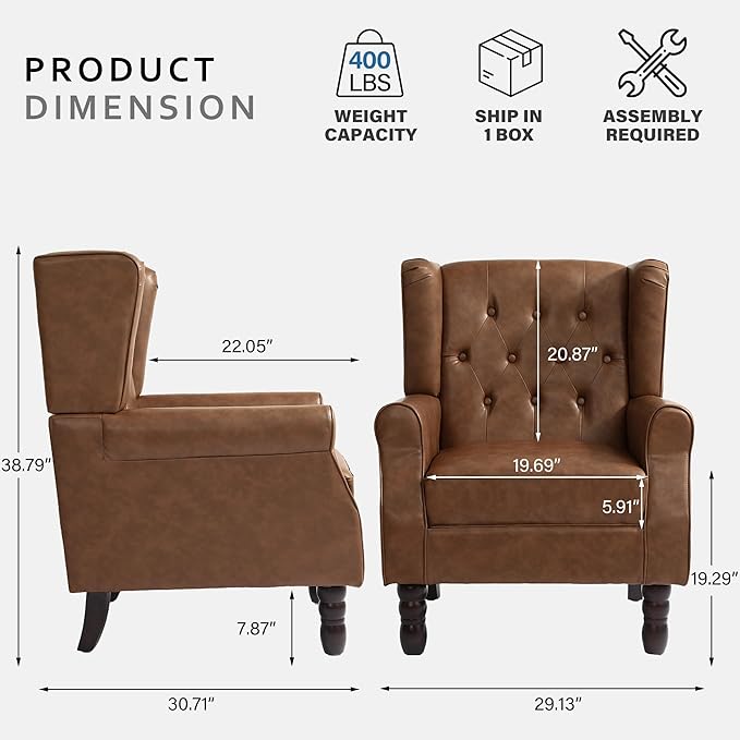 Faux Leather Accent Chairs Set of 2, High Back Upholstered Chair with Button Tufted, Mid-Century Modern Comfy Wingback Chair Reading Armchair for Living Room for Bedroom, Office-P Brown