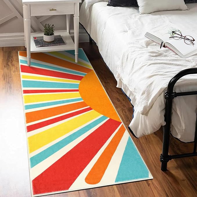 Garvee Sun Runners Rug, 2x6 Washable Non Slip Low-Pile Rugs with Rainbow Sun Abstract Print, Stain Resistant Rug Runner for Hallway Kitchen Entryway Laundry Bathroom Living Room, Colorful Red