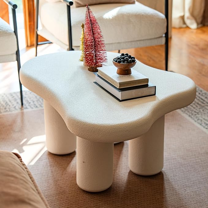 Modern Stone Cloud Coffee Table - Accent Organic-Shaped Tabletop with Textured Finish, Cloud Sofa Center Table for Living Room/Bedroom/Office (Off White)