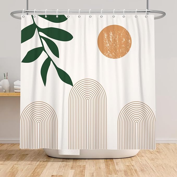 Boho Mid Century Shower Curtain Abstact Arch Sun Leaves Modern Minimalist Geometric Plant Aesthetic Shower Curtains Polyester Fabric Bathroom Decoration Curtain with Hooks 60x72 inch
