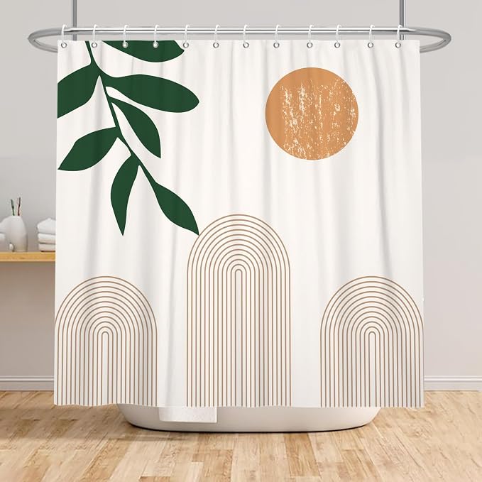 Boho Mid Century Shower Curtain Abstact Arch Sun Leaves Modern Minimalist Geometric Plant Aesthetic Shower Curtains Polyester Fabric Bathroom Decoration Curtain with Hooks 72x78 inch