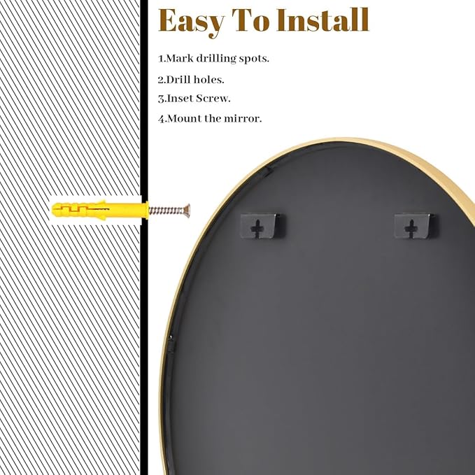 VooBang Gold Round Bathroom Mirror, 20 inch Circle Wall Mounted Hanging Mirror with Simple Modern Circular Metal Frame for Hallway, Entryway, Living Room, Gold Frame