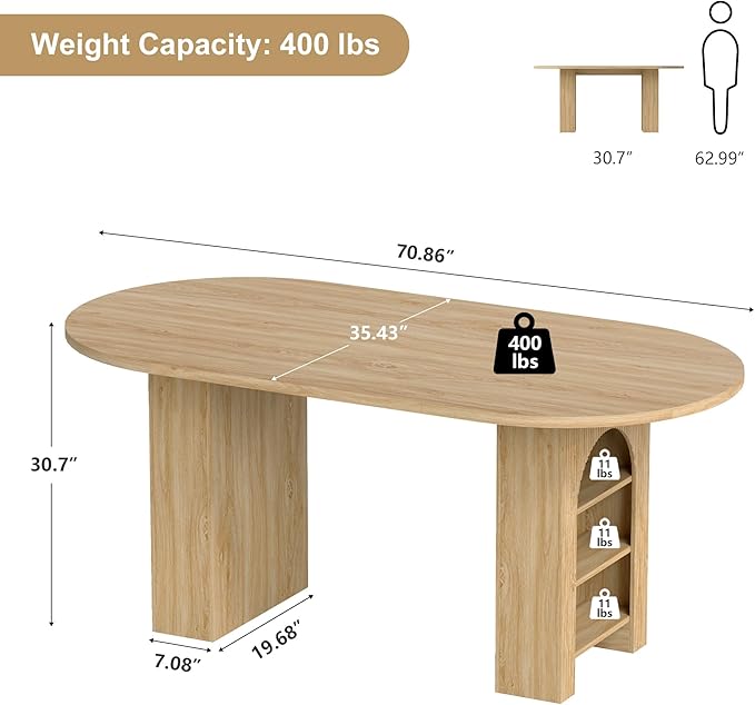70.8" Oval Dining Table with Dual Side Storage Shelves, Wooden Table for 4–6 People, Modern Farmhouse Round Dinner Tables for Kitchen Living Room (Natural, Table Only)