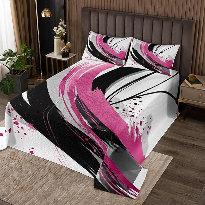 Erosebridal Black and Purple Pink Quilt Set Twin - Modern Geometric Decorative Coverlet Set Striped Bedspreads for Boys Girls Minimalists Watercolor Graffiti Lines Bedding Sets