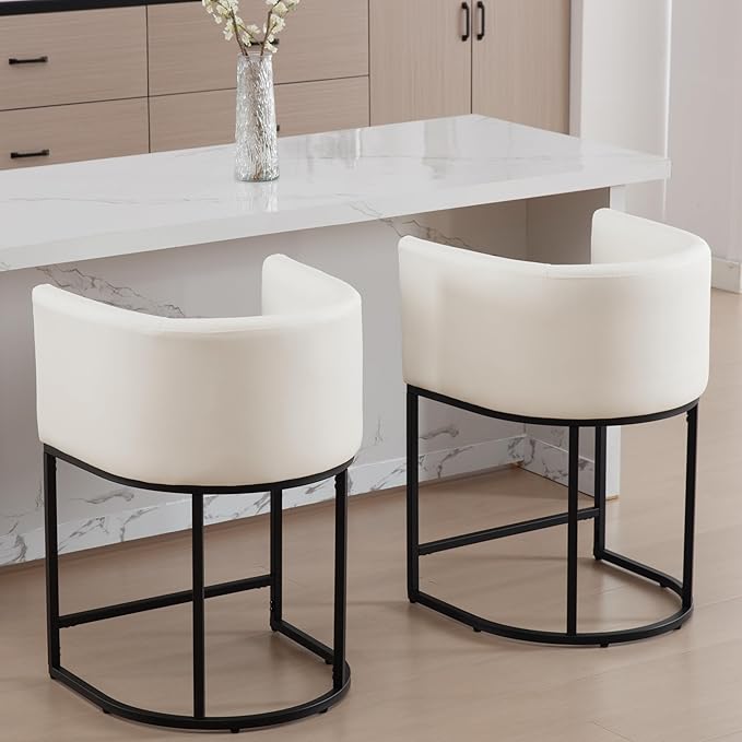 PU Leather Bar Stools, Modern Upholstered Counter Height Bar stools 24" Leather Barstools Barrel Kitchen Counter Island Stools with Black Metal Base, White