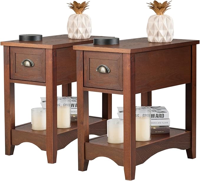 KOTEK End Table with Drawer and Open Shelf, Retro Narrow Side Table Nightstand w/Solid Wood Legs, Slim End Table for Small Space, Living Room, Bedroom, Home Office (Set of 2, Walnut)