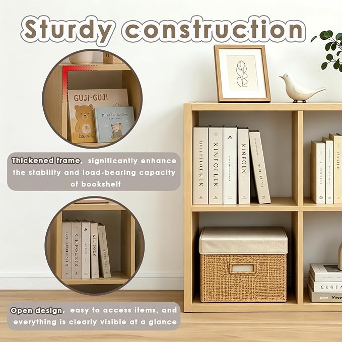 Endearing Limons【2026 Wooden Thick Border】 4 Cube Shelf Storage Organizer with Anti-Tipping Kits + Reversible Open Back Bookcase (11 * 11 Unit Cell Oak)