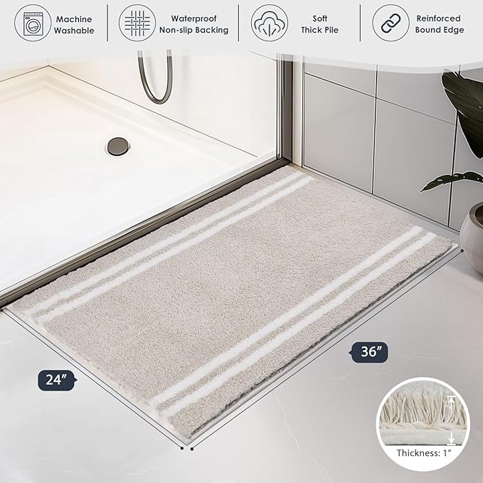 PURRUGS Bathroom Rug Non-Slip Machine Washable 24" x 36", Super Absorbent and Quick Dry Shaggy Microfiber Bath Mat, Extra Soft and Plush Bath Rug for Bathtub, Shower, and Sink, Beige