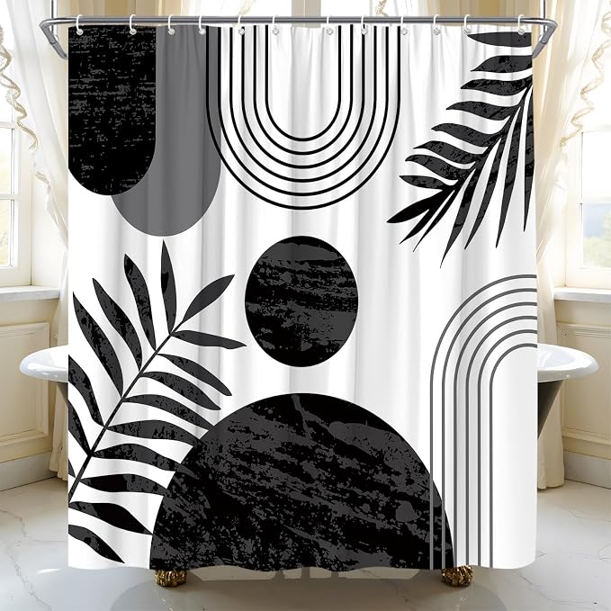 Mid Century Modern Shower Curtain Boho Black and White Abstract Retro Aesthetic Fabric for Bathroom Decor Bathtub with Hooks (70" WX84 H)