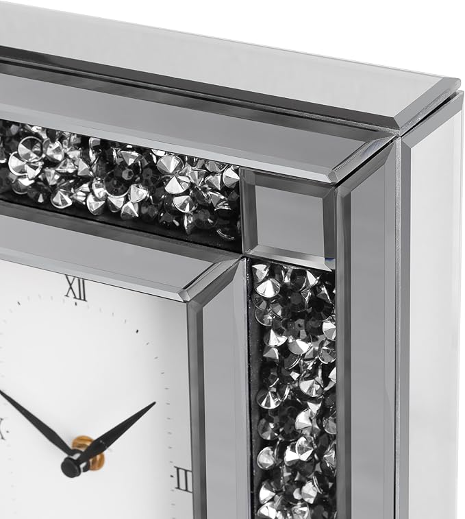 SHYFOY Luxury Crystal-Embedded Mirrored Table Clock, Elegant Decorative Clock with Roman Numerals for Home & Office, Silver Glam Desk Clock Home Decor
