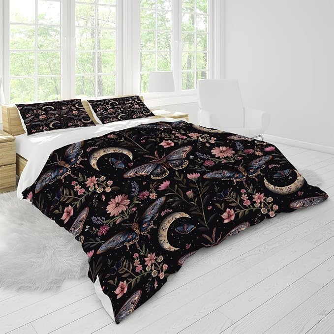 Dark Botanical Butterfly Duvet Covers King Size Fantasy Butterflies Fairy Monarch Inspiration Animal Dreamlike Night Garden Theme Comforter Cover 3 Piece Duvet Cover+2 Pillowcases 104"x88"