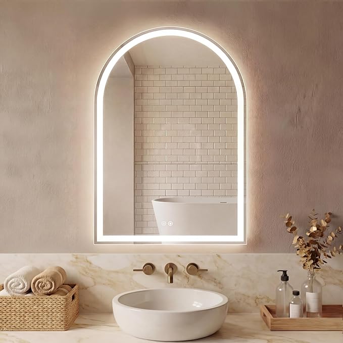 Sweetcrispy 24“x 36” Arched LED Bathroom Backlit Mirror with Lights | Vanity Wall Mirrors with Anti-Fog, Dimmable, 3-Color Light, Memory Function, Tempered Glass