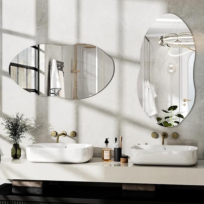 Irregular Wall Mirror, 36 x 20 Inch Asymmetrical Frameless Mirror for Bathroom, Living Room, Bedroom, Modern Abstract Vanity Mirror with Shatter-Proof Glass