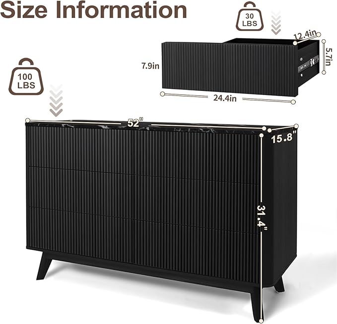 Fluted 6 Drawers Dresser for Bedroom,52" Wide Handleless Chest of Drawers with Faux Marble Top, Wooden Dresser TV Stand, Wood Drawer Organizer for Living Room, Hallway, Black