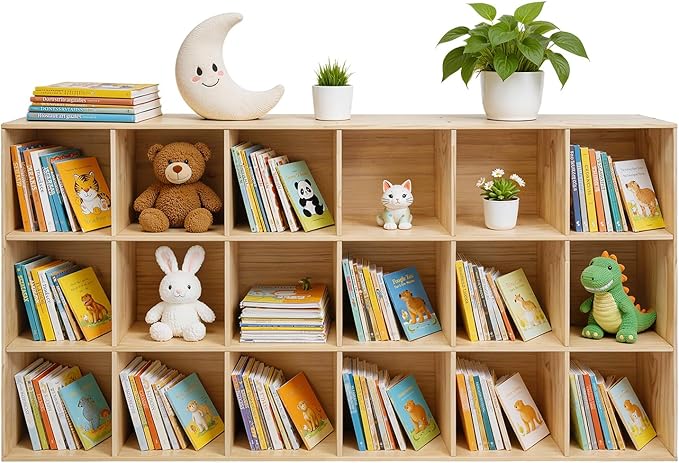 18-Cube Pine Wood Storage Organizer, Solid Wooden Bookshelf with Back Panel, 11in Shelf Opening Bookcase, Freestanding for Living Room, Bedroom, Office (70.8 x 11.8 x 35.4in)