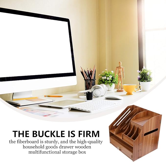 Hemoton Desk Organizer Wooden Tabletop Storage Organizer Desktop File Box Wood