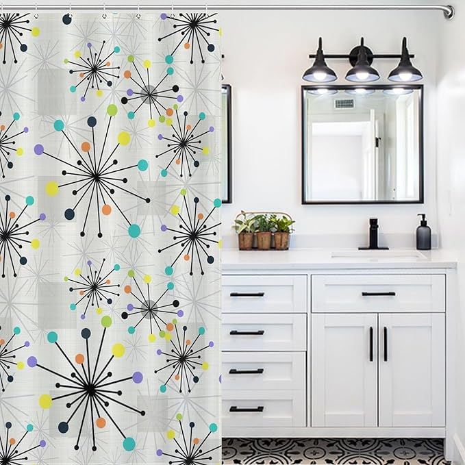 Mid Century Modern Shower Curtain,Retro Abstract Atomic Starburst Geometric Diamond Pattern Shower Curtains Set for Bathroom Fabric Decorative Bath Curtain Washable Curtain Hooks, 72x72”