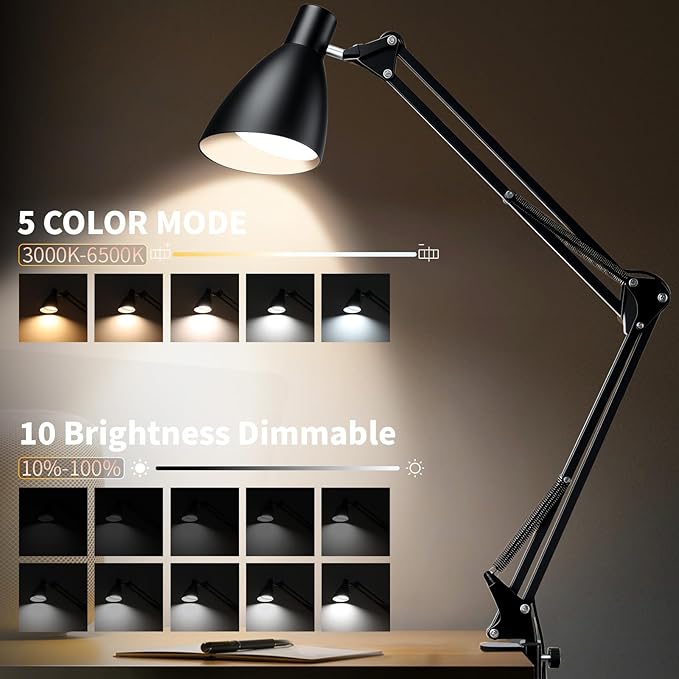 Metal LED Desk Lamp for Home Office, 32" Swing Arm Architect Desk Lamp with Clamp, 5 Color Modes 10 Brightness Task Lamps, Adjustable Gooseneck Clip-on Table Light for Reading Home Work Study, Black